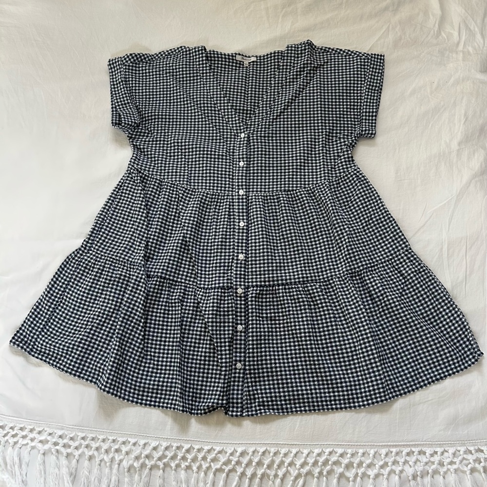 Madewell cuff-sleeve button-front tiered mini dress in gingham